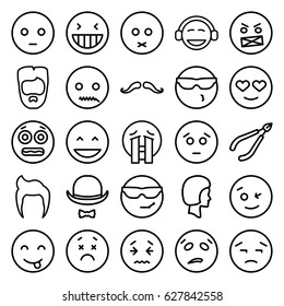 Facial icons set. set of 25 facial outline icons such as man hairstyle, mustache, woman in spa, hat and moustache, face, laughing emot, wink emot, emoji, crying emoji