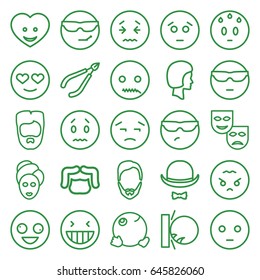 Facial icons set. set of 25 facial outline icons such as man hairstyle, woman in spa, spa mask, heart face, hat and moustache, face, crazy emot, laughing emot, angry emoji