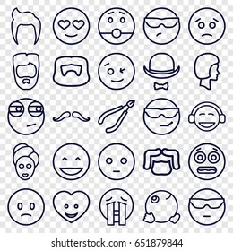 Facial icons set. set of 25 facial outline icons such as man hairstyle, mustache, woman in spa, spa mask, heart face, hat and moustache, face, laughing emot, wink emot, emoji