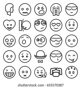 Facial icons set. set of 25 facial outline icons such as man hairstyle, heart face, hat and moustache, face, crazy emot, laughing emot, crying emoji