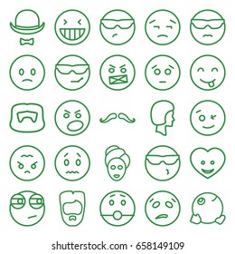 Facial icons set. set of 25 facial outline icons such as mustache, man hairstyle, spa mask, heart face, hat and moustache, face, laughing emot, wink emot, rolling eyes emoji