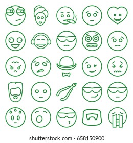 Facial icons set. set of 25 facial outline icons such as man hairstyle, woman in spa, spa mask, heart face, hat and moustache, crazy emot, wink emot, emoji