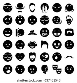 Facial icons set. set of 36 facial filled icons such as man hairstyle, mustache, woman in spa, spa mask, crazy emot, laughing emot, emoji, crying emoji, dancing emoji
