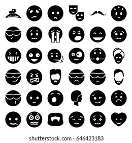 Facial icons set. set of 36 facial filled icons such as mustache, man hairstyle, woman in spa, spa mask, crazy emot, laughing emot, crying emoji, shocked emoji, heart face