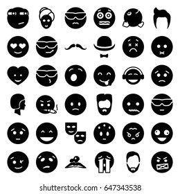 Facial icons set. set of 36 facial filled icons such as man hairstyle, mustache, woman in spa, spa mask, crazy emot, laughing emot, emoji, crying emoji, heart face