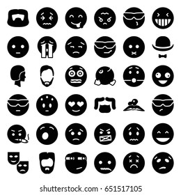 Facial icons set. set of 36 facial filled icons such as man hairstyle, woman in spa, crazy emot, laughing emot, crying emoji, shocked emoji, hat and moustache, face