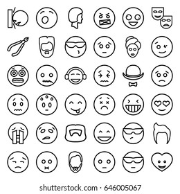 Facial icons set. set of 36 facial outline icons such as man hairstyle, woman in spa, spa mask, heart face, hat and moustache, face, crazy emot, laughing emot, emoji