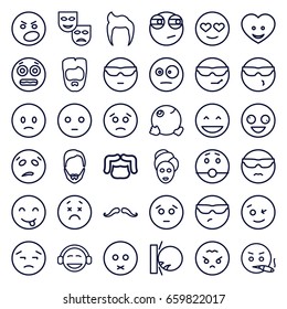 Facial icons set. set of 36 facial outline icons such as man hairstyle, mustache, spa mask, heart face, crazy emot, laughing emot, emoji, shocked emoji