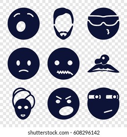 Facial icons set. set of 9 facial filled icons such as man hairstyle, woman in spa, spa mask, sad emot, cool emot in sunglasses