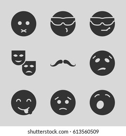Facial icons set. set of 9 facial filled icons such as mustache, sad emot, cool emot in sunglasses
