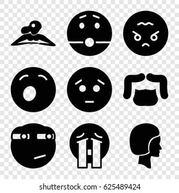 Facial icons set. set of 9 facial filled icons such as man hairstyle, woman in spa, sad emot, yawn emot, crying emoji, surprised emot, rolling eyes emoji, angry emoji