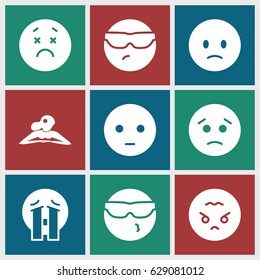 Facial icons set. set of 9 facial filled icons such as woman in spa, sad emot, cool emot in sunglasses, upset emot, crying emoji