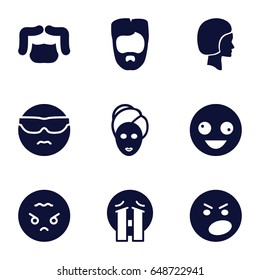 Facial icons set. set of 9 facial filled icons such as man hairstyle, spa mask, crazy emot, cool emot in sunglasses, angry emot, crying emoji, angry emoji