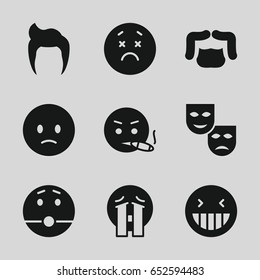 Facial icons set. set of 9 facial filled icons such as man hairstyle, laughing emot, sad emot, crying emoji