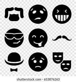 Facial icons set. set of 9 facial filled icons such as mustache, man hairstyle, laughing emot, sad emot, hat and moustache