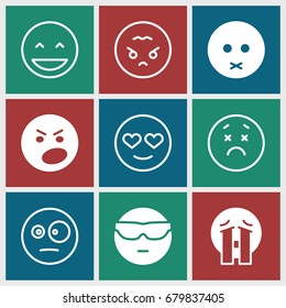 Facial icons set. set of 9 facial filled and outline icons such as sad emot, cool emot in sunglasses, crying emoji