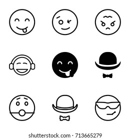 Facial icons set. set of 9 facial filled and outline icons such as emot showing tongue, hat and moustache, wink emot, emoji