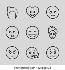 Facial icons set. set of 9 facial outline icons such as man hairstyle, spa mask, heart face, laughing emot