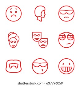 Facial icons set. set of 9 facial outline icons such as man hairstyle, spa mask, face, laughing emot, cool emot in sunglasses, upset emot, rolling eyes emoji