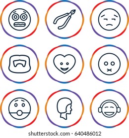 Facial icons set. set of 9 facial outline icons such as man hairstyle, woman in spa, heart face, face, sad emot, upset emot, emoji, shocked emoji