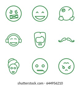 Facial icons set. set of 9 facial outline icons such as mustache, man hairstyle, spa mask, laughing emot, angry emot, emoji, emot with zipper mouth, angry emoji