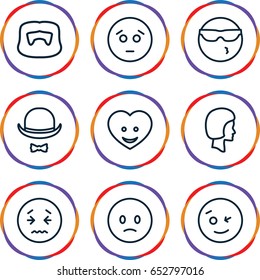 Facial icons set. set of 9 facial outline icons such as man hairstyle, heart face, hat and moustache, face, wink emot