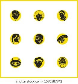 Facial icons set with alien, old man and old hipster woman elements. Set of facial icons and chatbot concept. Editable vector elements for logo app UI design.