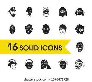 Facial icons set with curly hair woman, santa claus and bald man elements. Set of facial icons and warrior concept. Editable vector elements for logo app UI design.