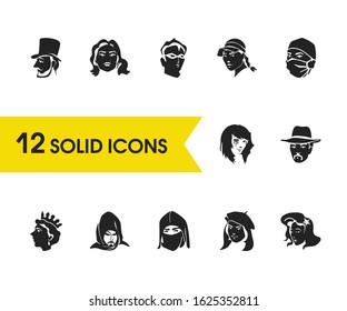 Facial icons set with emo girl, ninja and glamour girl elements. Set of facial icons and artist concept. Editable vector elements for logo app UI design.