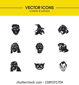 Facial icons set with joker, french man and jedi elements. Set of facial icons and person concept. Editable vector elements for logo app UI design.