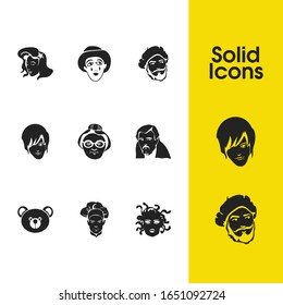 Facial icons set with medusa, artist and jedi elements. Set of facial icons and gorgon concept. Editable vector elements for logo app UI design.