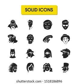 Facial icons set with mermaid, fat man and ninja elements. Set of facial icons and indian concept. Editable vector elements for logo app UI design