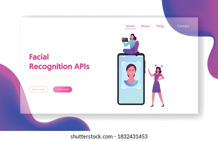 Facial Id Verification, Scanning Landing Page Template. Tiny Female Characters at Huge Smartphone with Woman Face with Polygonal Ornament, Face Biometric Detection. Cartoon People Vector Illustration