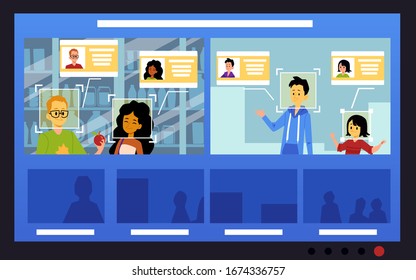 Facial Identification Technology Interface On Computer Screen With Cartoon People With Identity Cards. Security Face Recognition Scan Camera - Flat Vector Illustration.