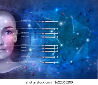 Facial injections for common types of facial wrinkles concept poster. Neurotoxin injections treatment areas, treated muscles on an abstract blue scientific background.