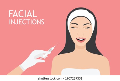 Concepto de inyecciones faciales. Manos del médico usando guantes de higiene inyectar rellenos faciales a la mujer cara al vector Ilustración.