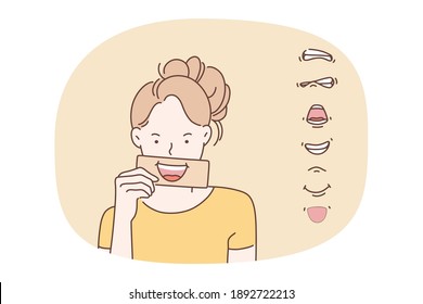 Facial and lips expressions concept. Face of young positive girl trying different mouth lips shapes and expressions from happiness to sadness emoji avatars vector illustration 