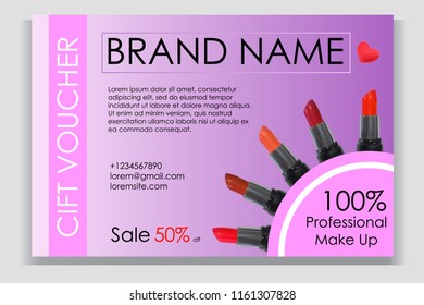 Facial lipstick Gift voucher - vector template for promotional ad. Cosmetics Banner design or flyer advertisement product. Fashion beauty lipstick mask bottle isolated.