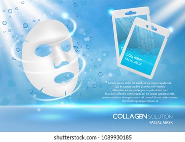 Facial Mask Ad. Vector Realistic Background With Facial Sheet Mask, Sachet Mockups And Copy Space. Cosmetic Beauty Product Package Design Template Or Face Mask Brand Poster, Flyer.