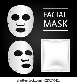 máscara facial y paquete en blanco.Ilustración vectorial