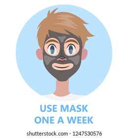 Facial mask for clean healthy skin. Man care about face beauty and apply mask. Isolated flat vector illustration