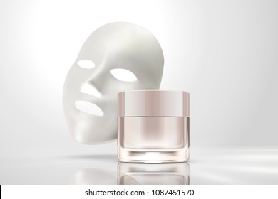 Facial mask with cream jar isolated on pearl white background in 3d illustration