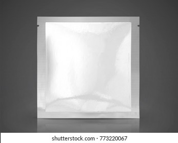 Facial mask or eye mask package, blank foil package template in 3d illustration, square pack isolated on dark background