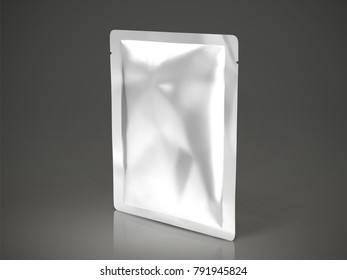 Facial mask or eye mask package, blank foil package template in 3d illustration, tall pack isolated on dark background