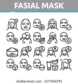 Facial Mask Healthcare Collection Icons Set Vector Thin Line. Container Of Vitamin Facial Cream, Cosmetic Skin Care Gel, Woman Silhouette Concept Linear Pictograms. Monochrome Contour Illustrations