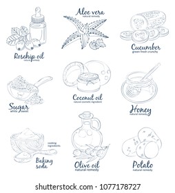 Facial mask ingredients for home face skin care. Cartoon vector food black and white icons. Hand drawn linear natural cosmetic illustration