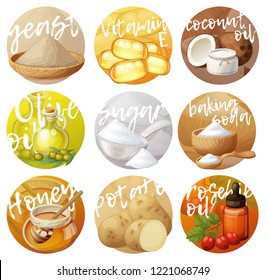 Facial mask ingredients for home face skin care. Cartoon vector food icons set on bright gradient circle . Natural cosmetic illustration with vivid colored backround 