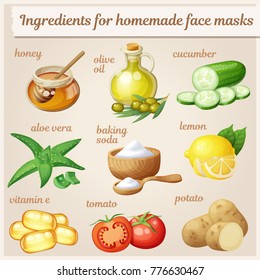 Ingredientes faciales para el cuidado de la piel en la cara. Iconos vectoriales de caricatura. Ilustración cosmética natural