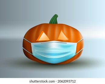 Facial Mask On Glowing Halloween Pumpkin Virus Background Template. EPS10 Vector