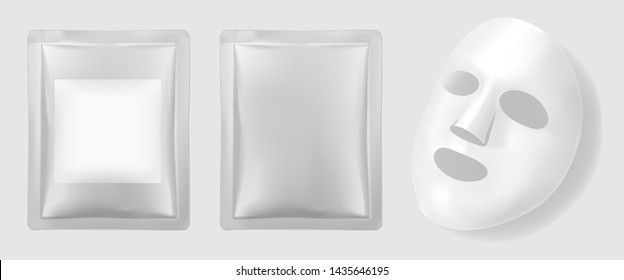 Facial mask packaging, cosmetics design for face mask on grey background. Realistic vector illustration.